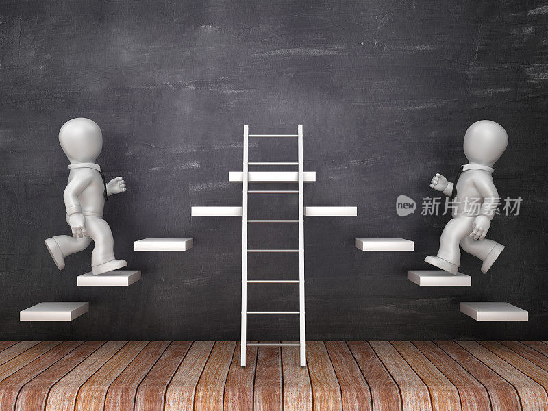 商业人物在台阶上与黑板上的楼梯- 3D渲染
